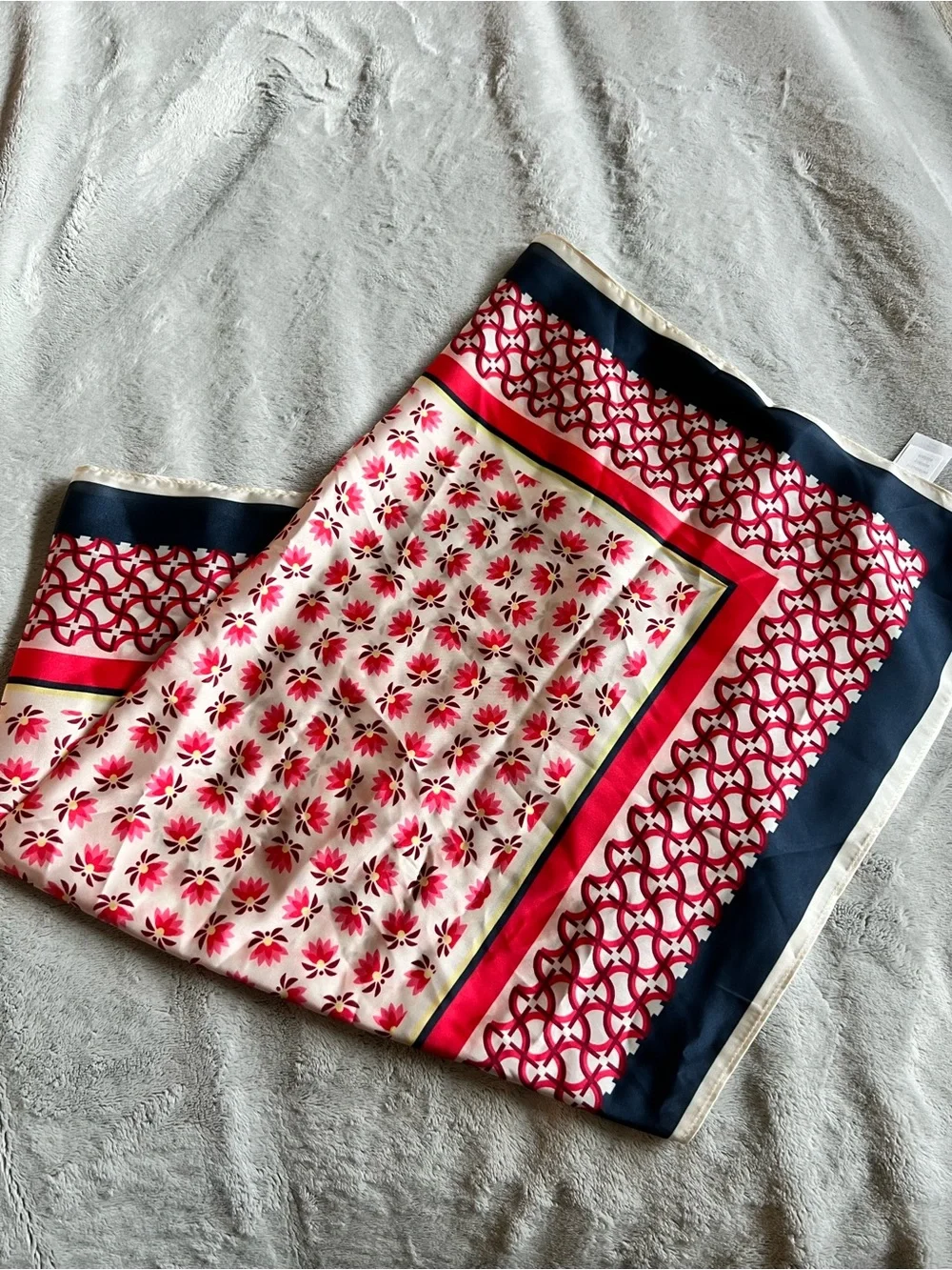 Treasure & Bond Floral Geometric Silk-Feel Scarf in Red, Navy & Cream